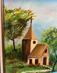Vintage Original Oil Painting Cottage On A Creek Signed-AD See Pics 24”x20”