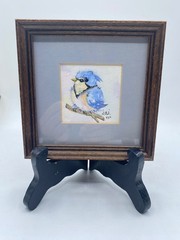 Framed 5×5 Watercolor Paintingof Baby Bluebird Petite Chubby Signed JGJ 93″