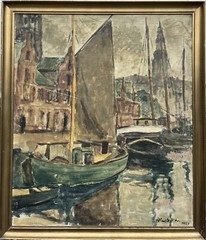 Impressionist Sailboats In The City Harbor Oil Painting Dated 1937