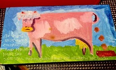 Whimsical Folk Art Painting Pink COW- Read Sentiment 10×5.5″ Josephson 1999