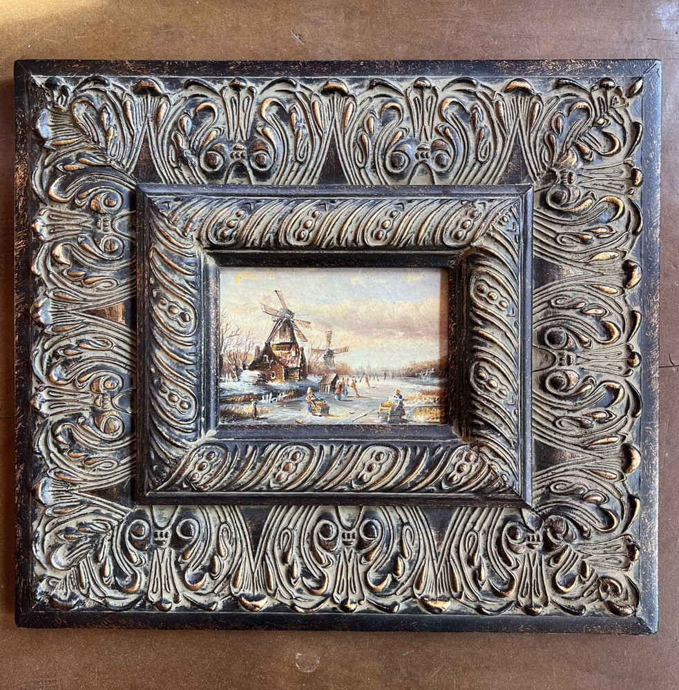 Oil painting winter landscape mill Dutch magnificent frame signed A. Kraus