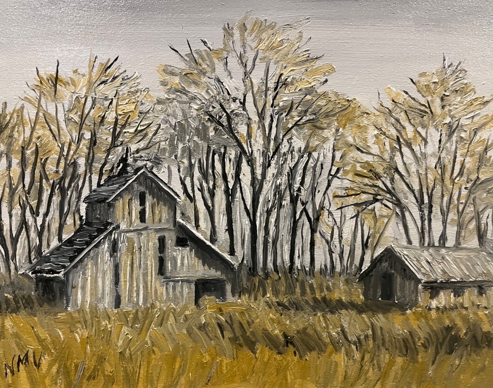MELANCHOLY DAY Original Oil Landscape Painting 10×8 IN. BARN FARM Wall Art DECOR
