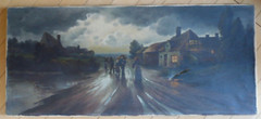 R. HAIL, EUROPEAN SCHOOL ANTIQUE OLD OIL PAINTING MOODY LANDSCAPE FIGURES SUNSET