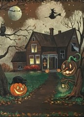 ACEO PRINT OF HALLOWEEN PAINTING WITCH BLACK CAT RYTA OWL HAUNTED HOUSE MOON art