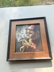 Vintage Portrait Oil Painting Signed Asian Man smoking Japanese Chinese