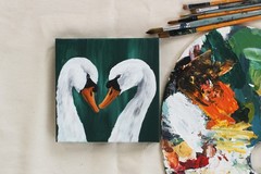 Handmade Swan Couple Acrylic Painting, Original Small Romantic Art, Unique Gift