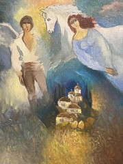 Vintage Artist Signed Painting Horse Man Woman Angel Cityscape Religious Art