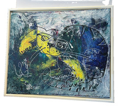 Cat with mouse 50×60 acrylic picture blue yellow mixed media drawing orig sign ZM