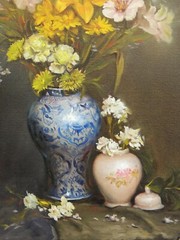 Original Oil Painting Still Life Realism Flower in Chinese Painting Vase 18×24″