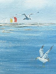 Seascape Sailboats & Seagulls Painting Signed 24×12 Unframed Unknown Artist