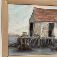 Original Coastal Harbor Painting Signed L. Minte Fishing Shack Dock Nautical