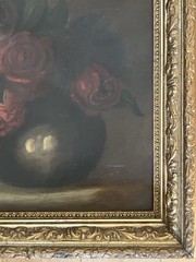 Antique 19c Victorian Roses Moody Still Life Painting On Canvas Gold Gesso Frame