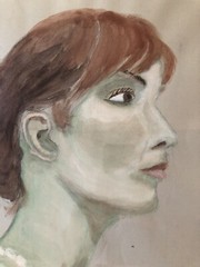 PORTRAIT YOUNG WOMAN WOMAN RED HAIR PEARL NECKLACE MODERN ART WATERCOLOUR 70s 80s