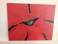 Handmade Acrylic Poppy Flower Ladybug Painting 8 x 10 Canvas by Artist Jayne