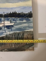 VTG 1960s Original Watercolor Coastal Fishing Shack Harbor Boats Nautical Paint