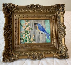 Framed Art, Hand Painted, Bird With Tree Nest, Flowers, Leaves, Gold Tone Frame