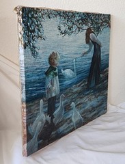 Original Helen Rayburn Caswell Oil Painting 18×20 Children Feeding Geese @ Lake