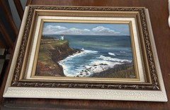 VTG Hawaii Original Oil Paint Art Artist Signed Wood Frame Kilauea Lighthouse