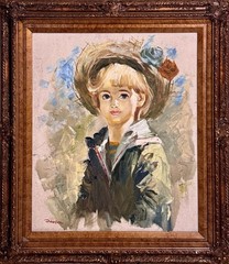 Vintage Mid-Century Big Eyes Child Oil Painting Signed Dawson 24×20 in