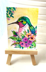 Hummingbird Among Blossoms ACEO Original Watercolor Painting OOAK Art AdriO