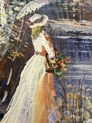 Vintage Oil Painting On Canvas “Lady by The Lake” Unsigned Unframed 20”x16”