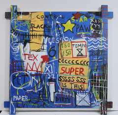JEAN-MICHEL BASQUIAT ACRYLIC ON CANVAS 1982 WITH TIED WOOD SUPPORTS 35 X 35 in