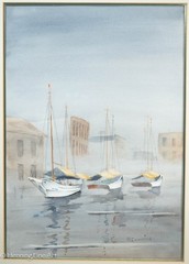 Vintage Robert Cummins Painting of Sailboats in European City Harbor 28 x 22″