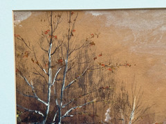FALL AUTUMN LANDSCAPE PAINTING OLD ANTIQUE ORIGINAL ART GOUACHE SIGNED ILLEGIBLE