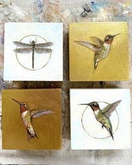 Original Hummingbird Realism Oil Painting on Gold Foil Nature Art