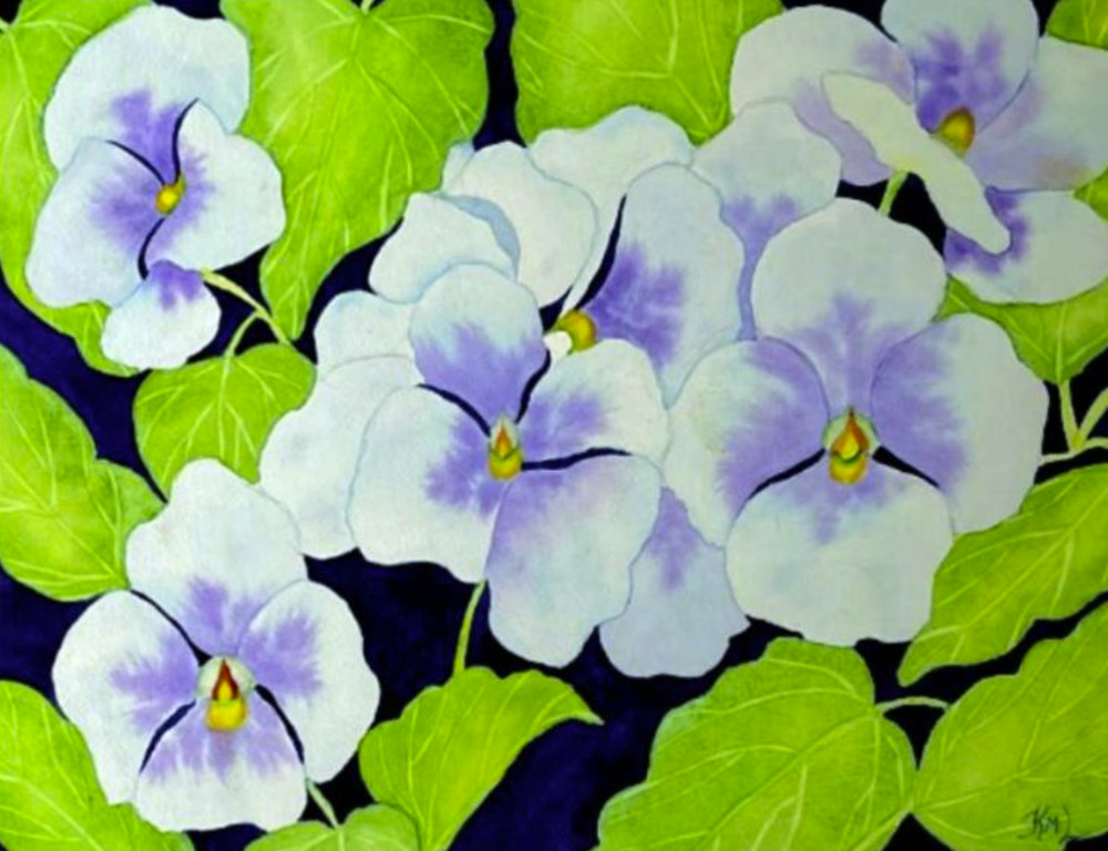 PAINTING WATERCOLOR 11X14 AND WHITE MAT 16X20 FLOWERS PANSY PURPLE BLUE LAVENDER