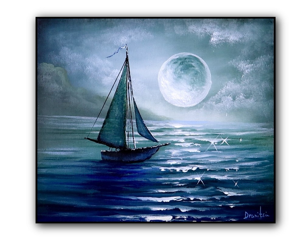 Original Acrylic Landscape Painting 12×14″ Voyage to the Moon Wall Art