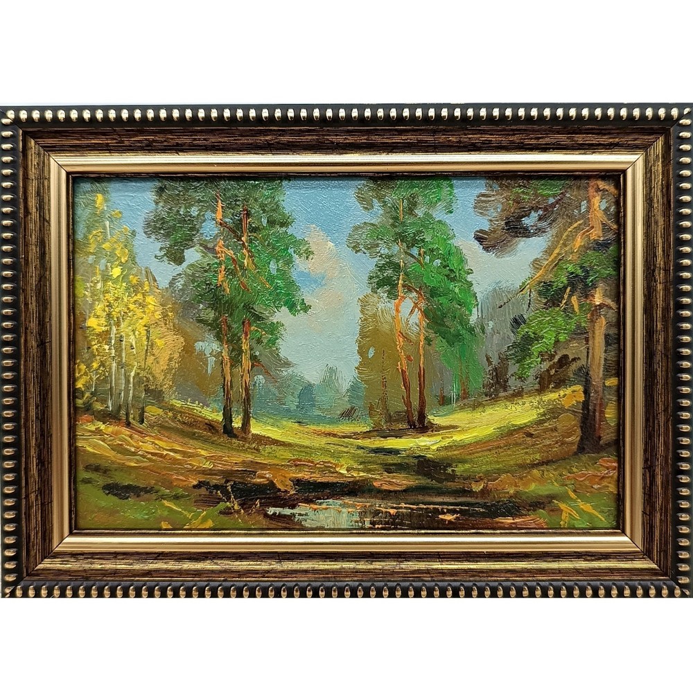Pine Forest Original Oil Painting 4×6 Framed Signed Autumn Landscape Nature Art