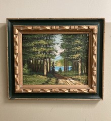 Vintage Oil Painting On Board “Lakeview Through The Forest” Wood Framed 10”x 8”