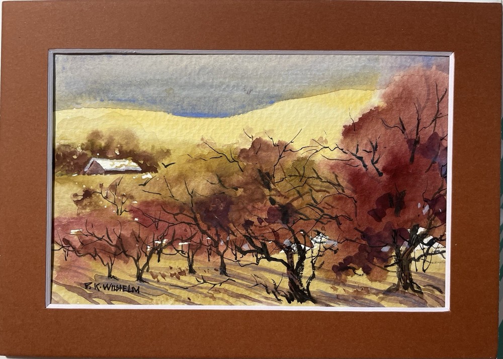 Original Pamela Wilhelm 4”x6” Watercolor Matted To 5×7 Aged Orchard & Barn