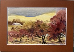 Original Pamela Wilhelm 4”x6” Watercolor Matted To 5×7 Aged Orchard & Barn