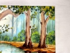 Original Soft Pastel Landscape Autumn Trees & Forest River Reflection 32.5x25cm