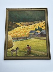 ANTIQUE AMERICAN FOLK ART REGIONALISM PAINTING FARM LANDSCAPE CHILDREN 24 INCH