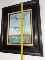 Vintage Seagull Coastal Landscape Painting – Signed Canvas – Rustic Nautical Art