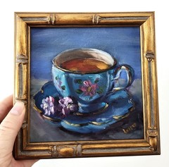 Blue Cup and Saucer with Tea Original Oil Painting 6×6 OOAK Signed Still Life
