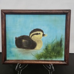 Vintage Baby Duck, Duckling Swimming In Pond, Painting On Canvas + Frame 1970’s?