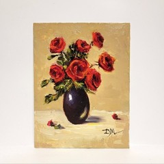 Red Roses Original Oil painting on Canvas Board Flowers In Vase Unframed 6x8in