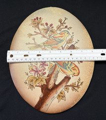 Rare Original Vintage Birds in Tree-Painting on Leather-Oval Wall Hanging Decor