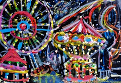 ORIGINAL ACEO Painting CARNIVAL Fair Amusement Park Ocean City Rides Fun ATC ART