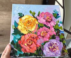 Original Art Oil Painting Pink Peonies Flowers Artwork on Canvas 30x30cm
