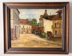 Continental Oil painting on wood panel village street scene