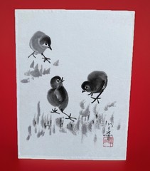 Original Sumi Ink Watercolor Painting Three Chicks Artist Seal With Signature