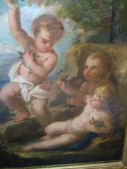ATTR FRANCOIS BOUCHER „ANGEL PUTTI“ ANTIQ OIL ON CANVAS INVENT STAMPED ON BACK.