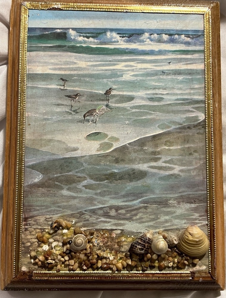 Vintage Original Oil Painting Beach Scene with Shells and Rocks {6 1/2” X 4 3/4}