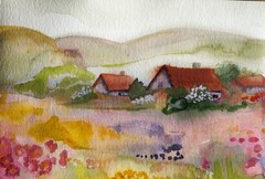 Vintage small watercolor painting landscape signed original 14 x 21 cm