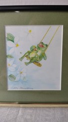 Swinging Frogs Baby Flowers Floral ORIGINAL Watercolor SIGNED Framed Matted ART